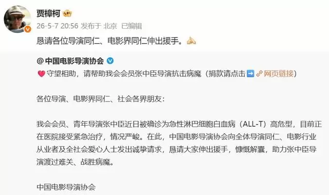 导演张中臣确诊急性淋巴细胞白血病，贾樟柯等发起援助 | 细节速览